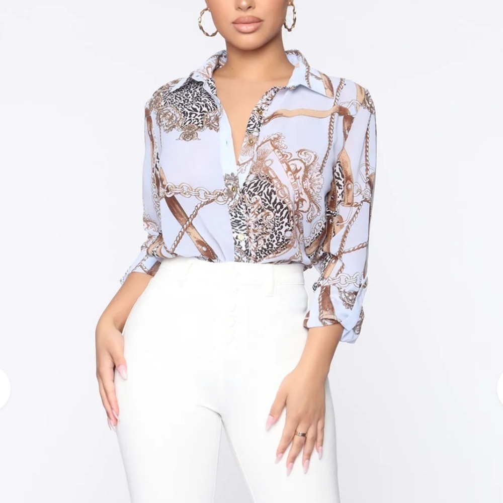 Fashion Nova Chain Pattern Button Down Shirt - Light Blue and Tan